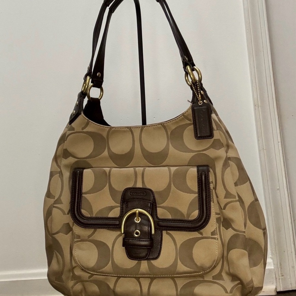 Coach Brown and Tan Signature Shoulder Bag